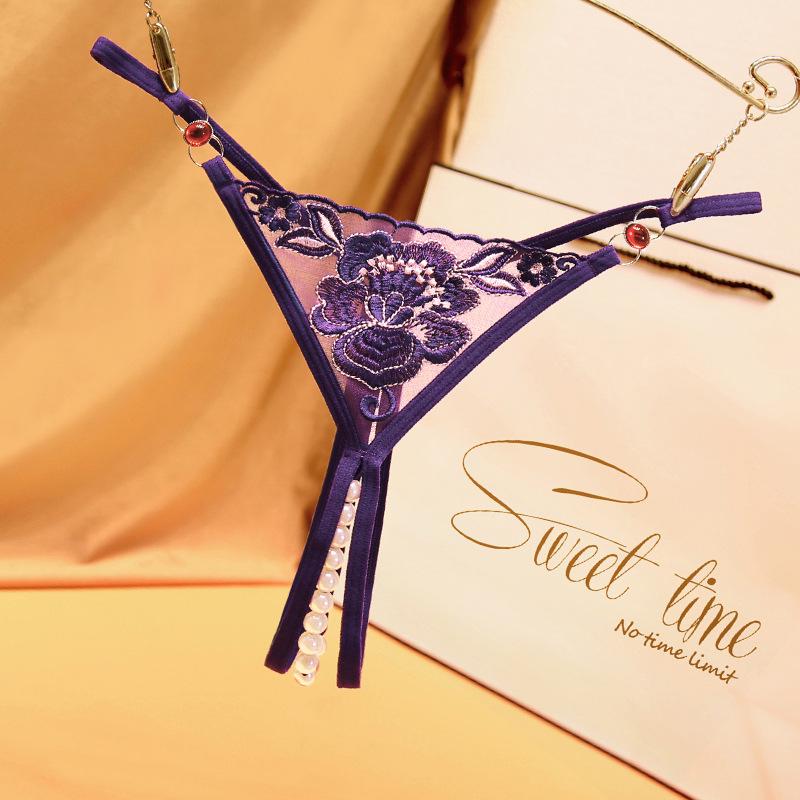 Temptation Rhinestone Beaded Thong - Women's See-Through Embroidered Open Crotch Sexy Panties 2270