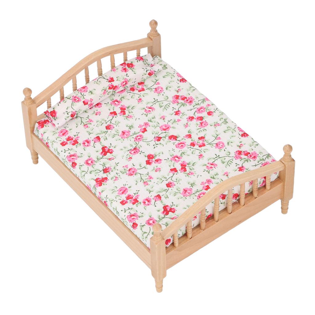 1/12 Miniatur Puppenhaus Bett Elegant Dekorativ Holz Floral Möbelzubehör Miniatur Bett