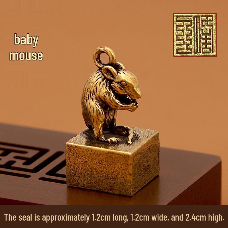 Pure Brass Zodiac Animal Seal Pendant - Mini Bronze Sculpture Keychain