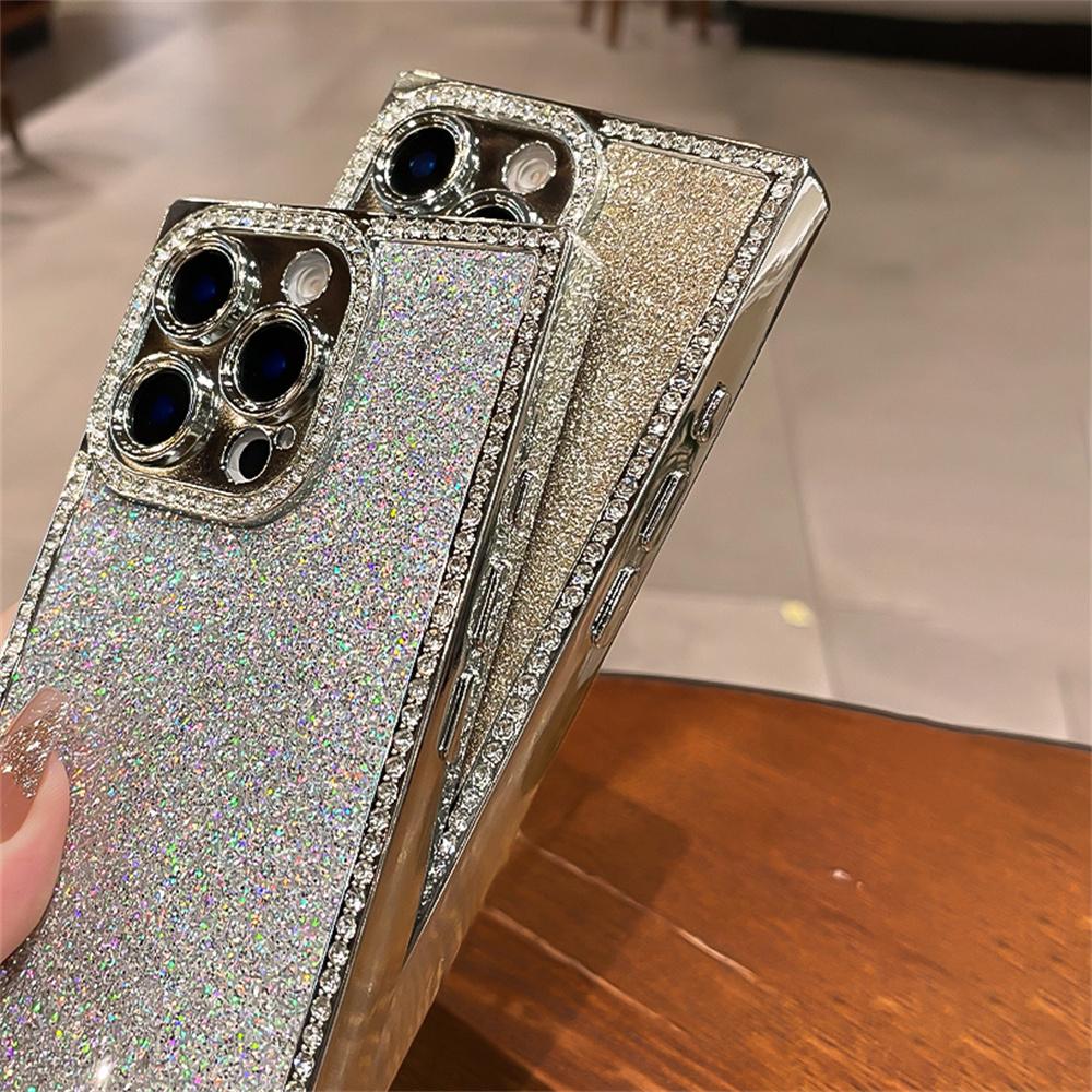 Luxury Rhinestone Squares Bling Glitter Phone Case For iPhone 17 Air 16 15 Plus 14 13 Pro Max Plating Bumper Shockproof Cover