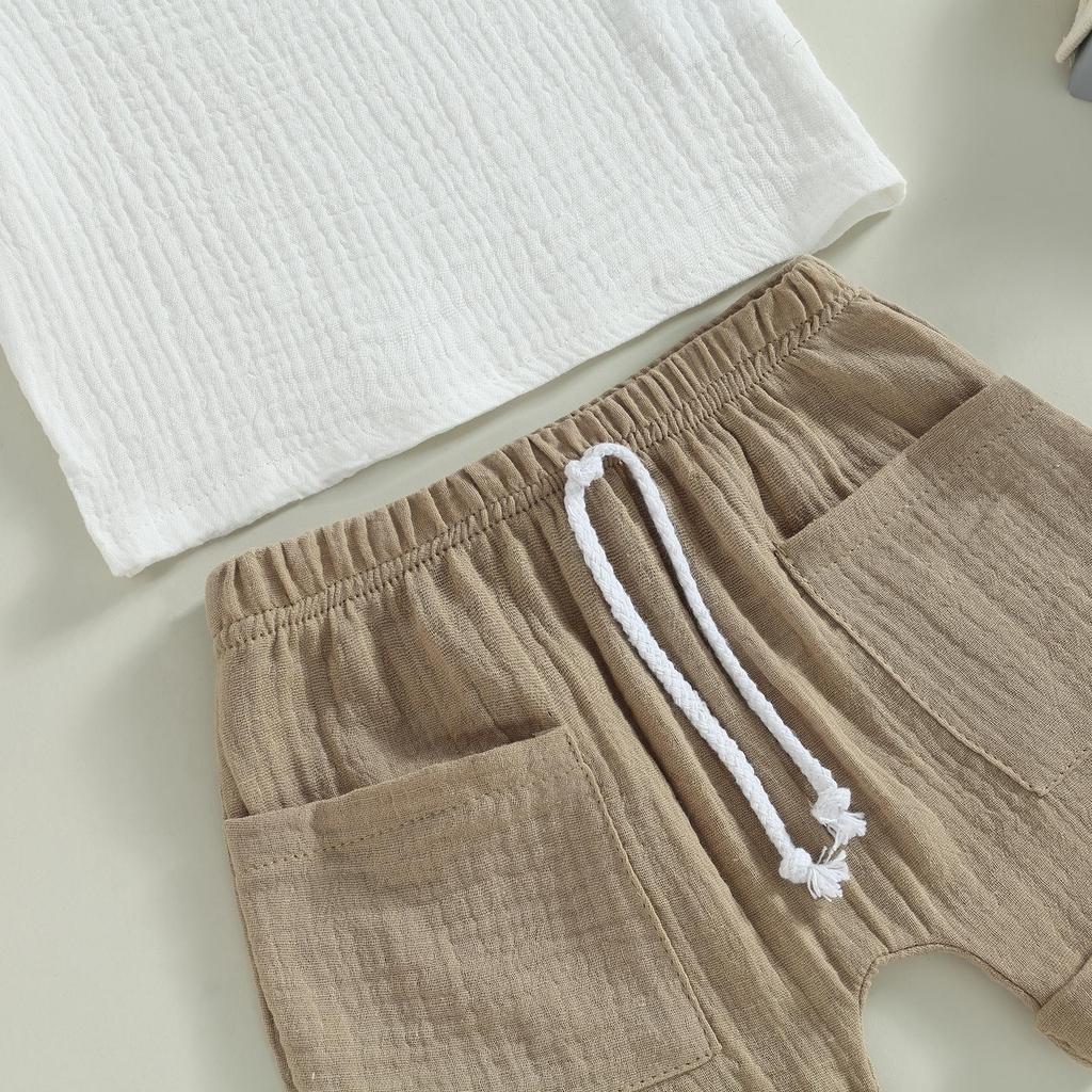 Baby Boys Summer 2-piece Outfits Solid Color Short Sleeve T-shirt with Breast Pocket and Casual Elastic Shorts Set