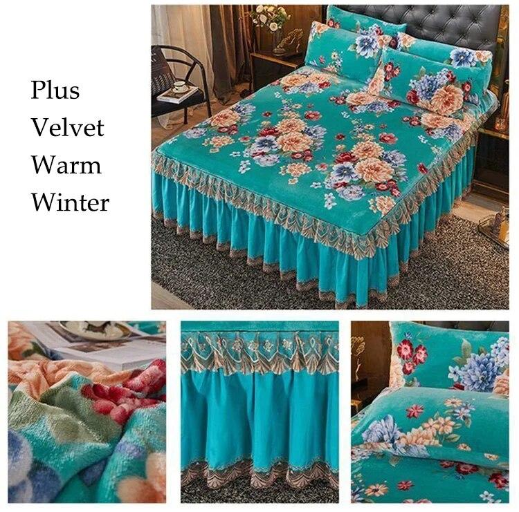 Warm Bed Skirt Crystal Velvet Thickened Bedspread Three Piece Set Flannel Bed Linens King Queen Size with Pillowcases
