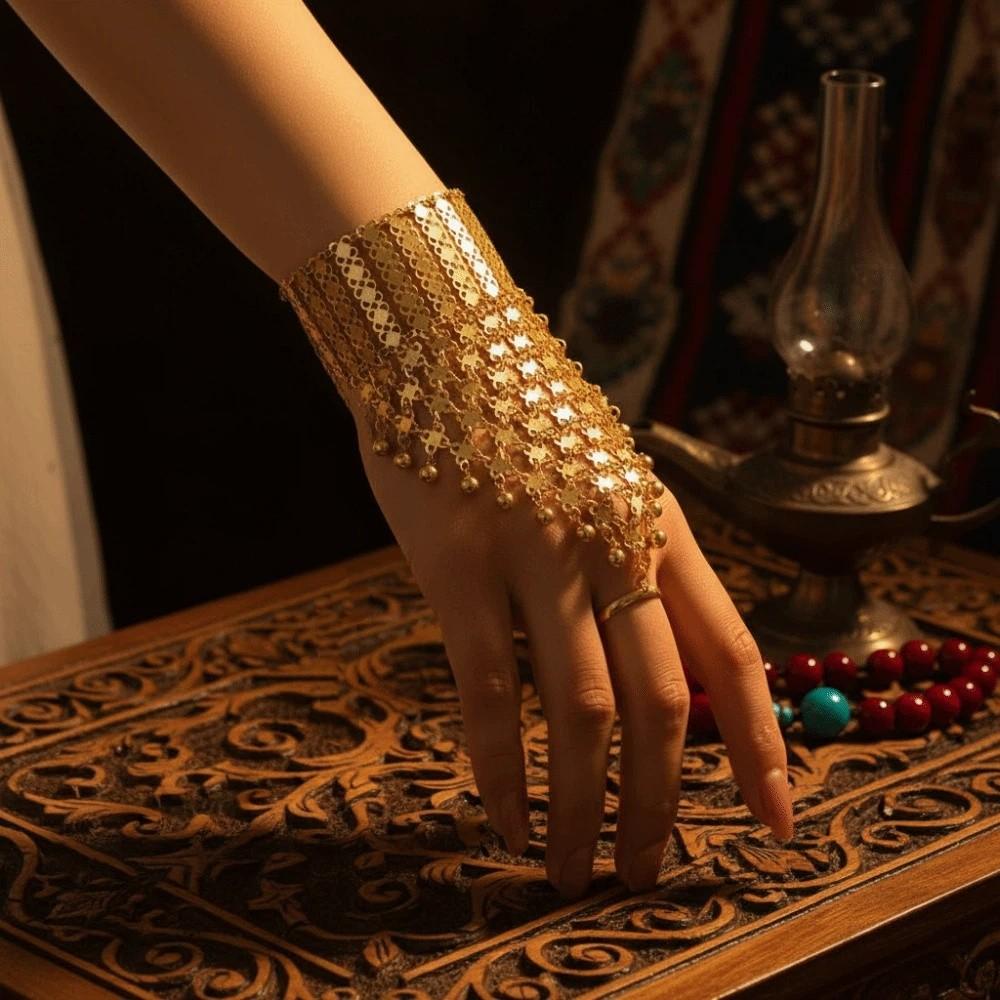 Exotic Golden Tassels Bracelet Multi Layer Gold Plated Ethnic Style Finger Bracelet Adjustable Simple Hollow Geometric Bracelet