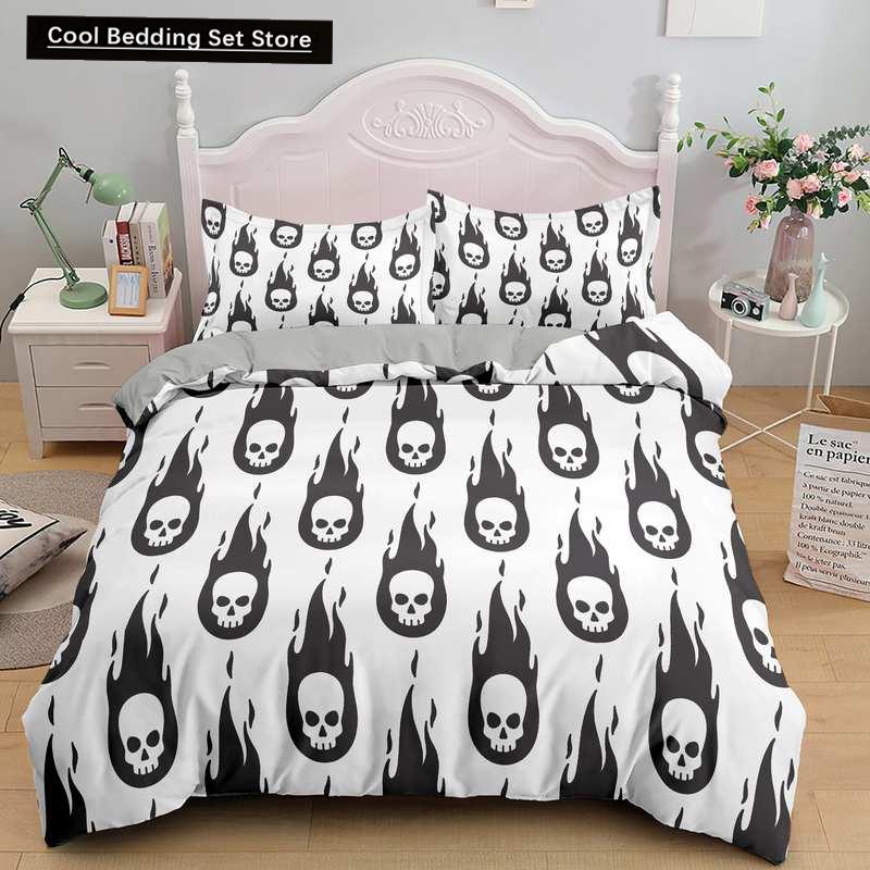 Skull Couple King Queen Duvet Cover Skeleton Bride Bedding Set for Kids Teens Adults Halloween White 2/3pcs Soft Quilt Cover