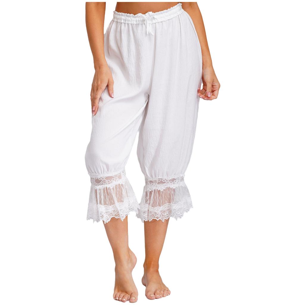 S-L Women's Lace Trim Bloomers: Versatile Midi Harem Pants with Drawstring, Loose Wear & Medieval Pirate Costume