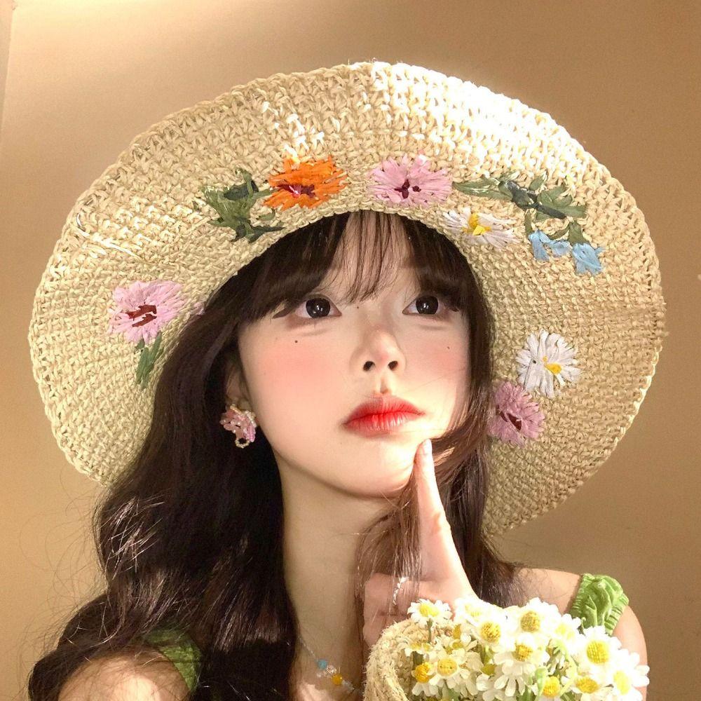 Embroidered Flower Weave Hat Boho UV Protection Cap Casual Beach Hat  Party