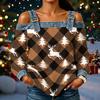 Women's Casual Off-Shoulder Long Sleeve Christmas Print Top for Holiday Parties
