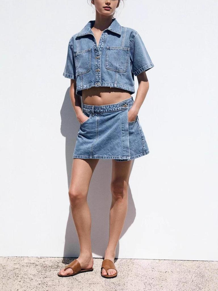 Women's Summer V-Neck Short Sleeve Top & High-Waisted Denim Two-Piece Set