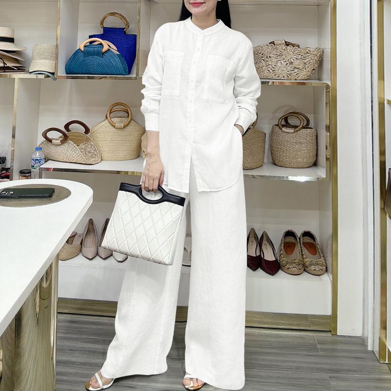 ZANZEA Bluzka z długim rękawem i spodnie damskie, casualowe dwuczęściowe zestawy garniturowe