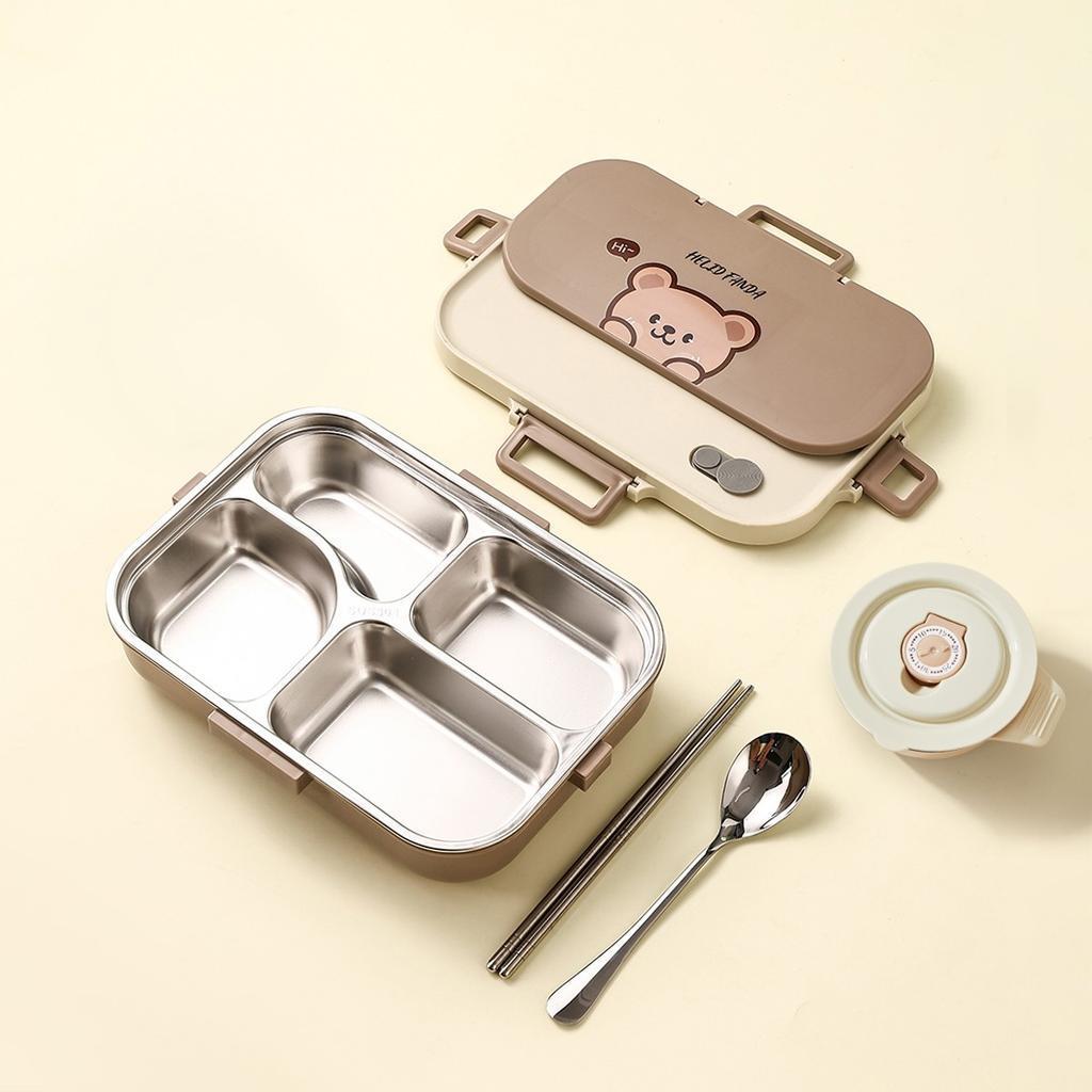 4/5 Grids Cartoon Lunch Container With Tableware 4/5 Compartment Portable 304 Stainless Steel Bento Lunch Box For Kids Students