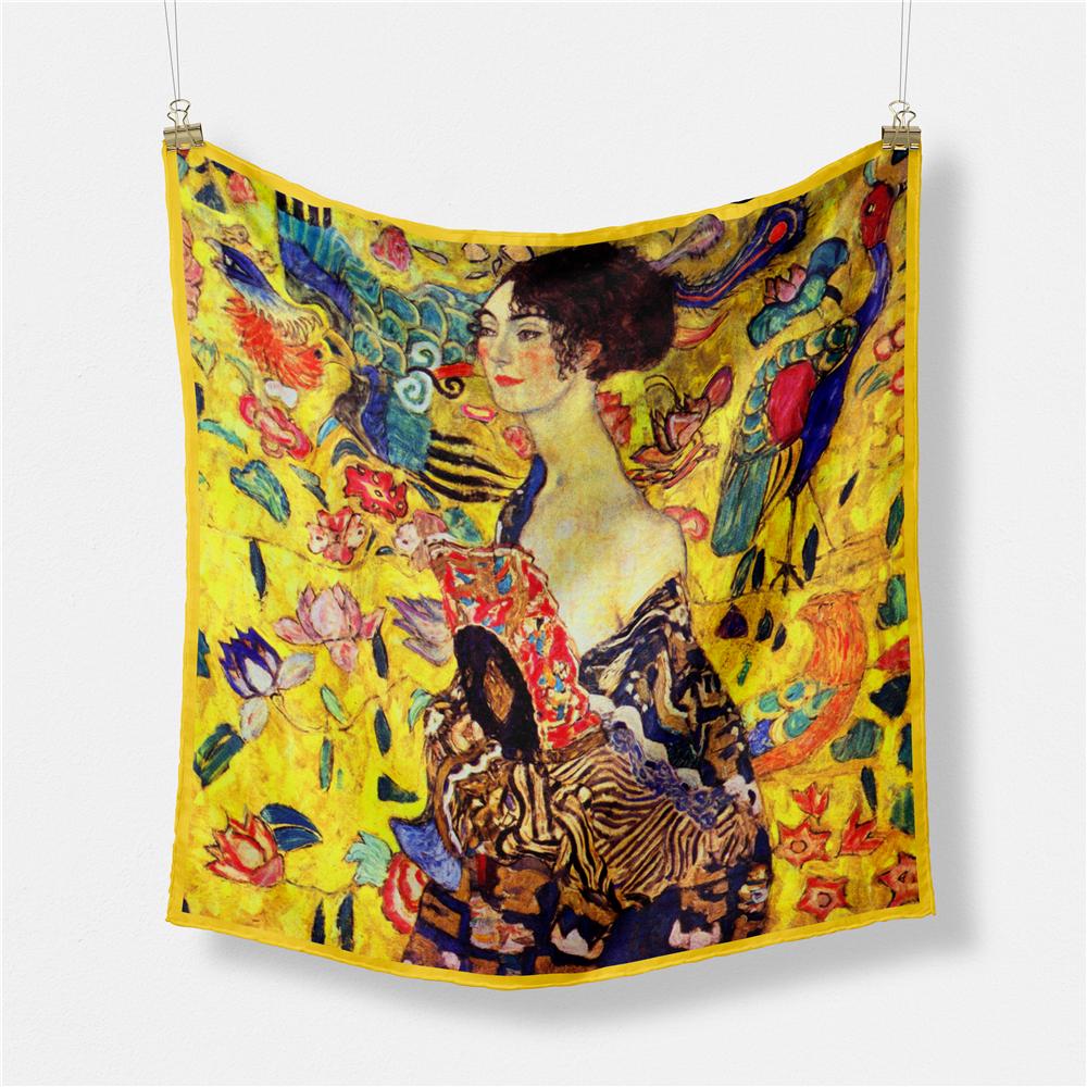POBING Twill Silk Scarf Women Oil Painting Square Scarves Wraps Bandana Small Hijab Lady Foulards Tie Headband Neckerchief 53CM