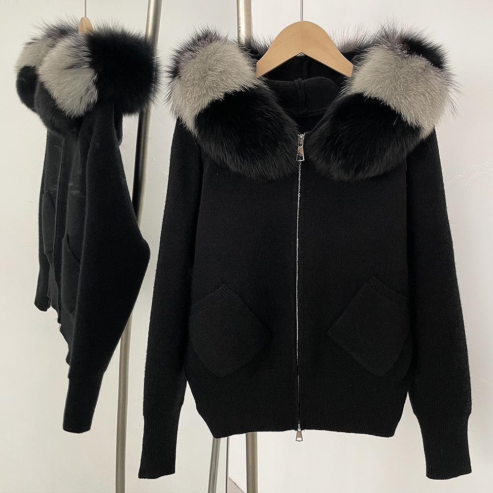 Korean Style Hooded Knit Cardigan with Large Genuine Fox Fur Collar - Luxurious Autumn/Winter Outerwear