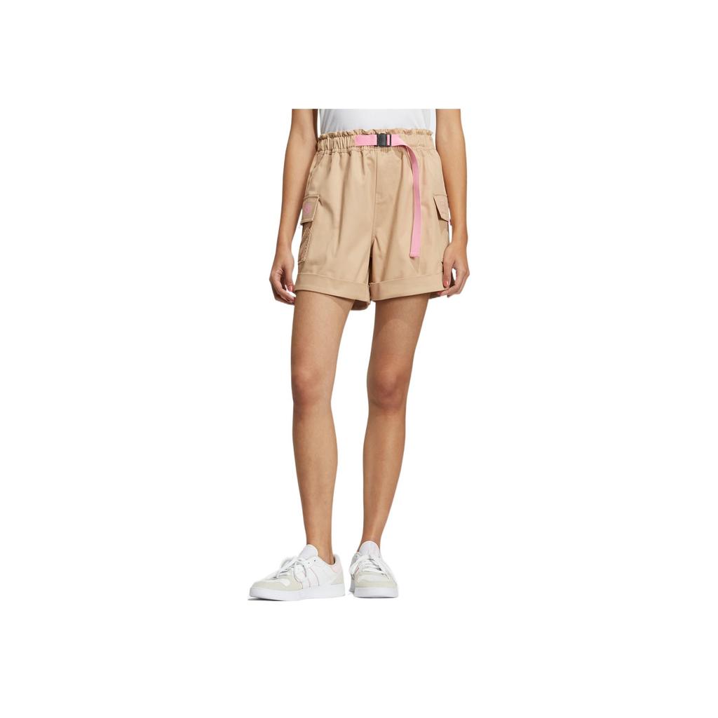 Adidas Embroidered Logo Print Large Pocket Buckle Belt Straight Shorts Women Bottoms Khaki HN2343