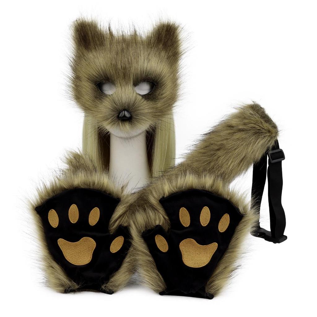 Halloween Beastman Cat-Fox Plush Mask & Gloves Cosplay Set
