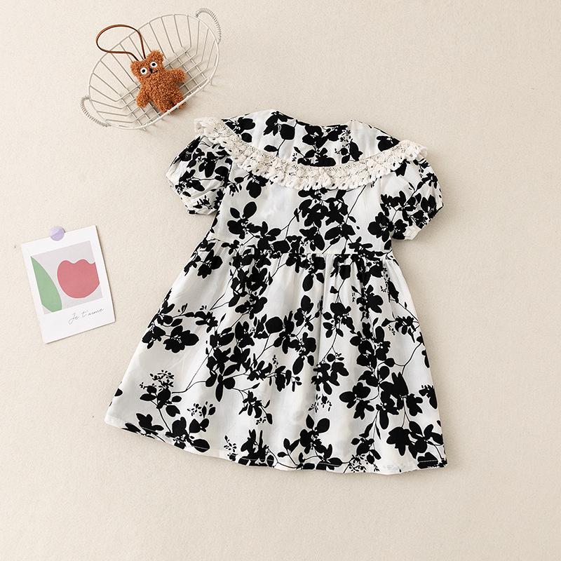 Summer Baby Girl Cotton Dress With Peter Pan Collar And Lace Trim Stylish Short Sleeve Dress For Toddler Kids