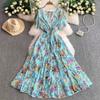 Women's V Neck Short Sleeve Maxi Dress Loose Fit High Waist Elegant Floral Print A Line Dress
