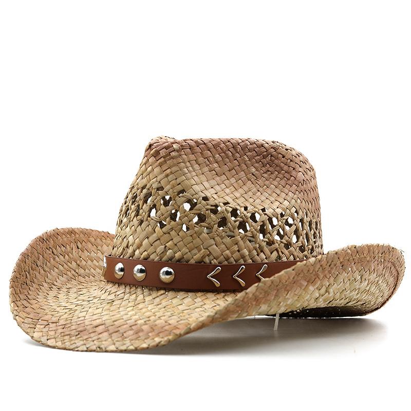 Pălărie de cowboy occidental din paie cu boruri largi protecție solară de vară respirabilă retro curea reglabilă exterior casual unisex boho