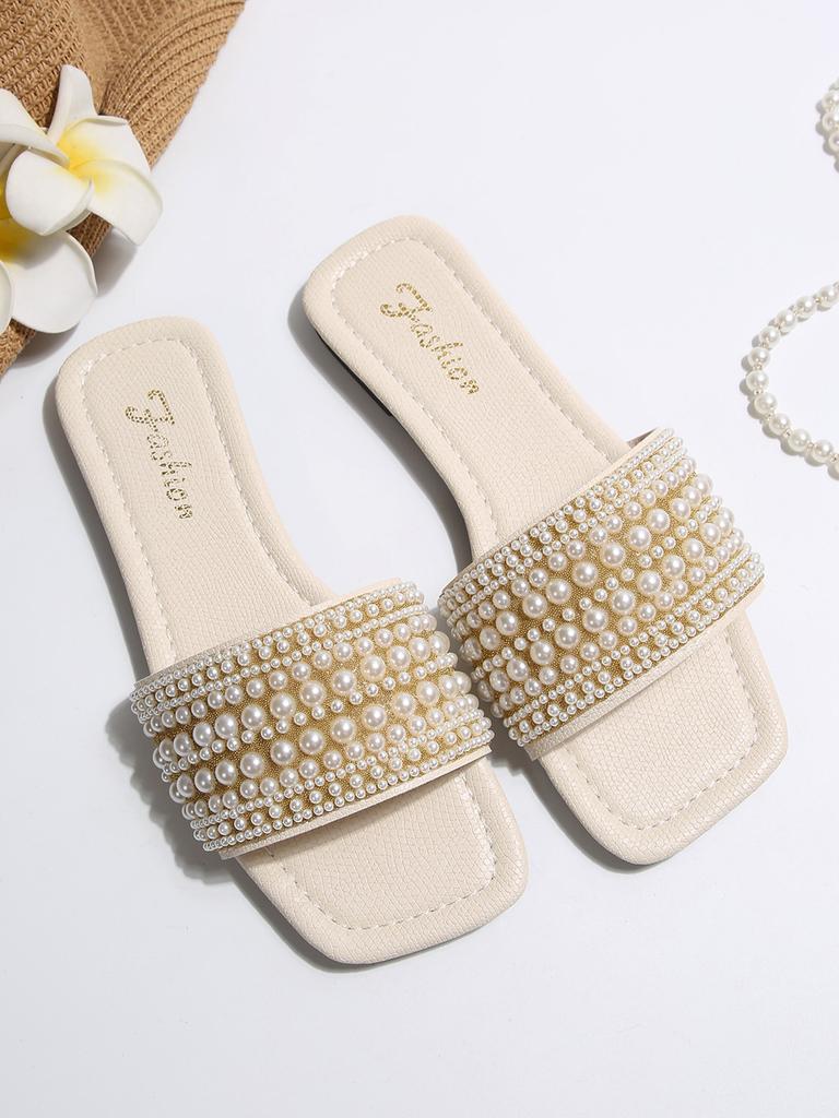 [Foreign Trade] Summer New Pearl One-Word Slippers Wear Sandals Square Head Flat Bottom with Skirt Shoes Beach Shoes