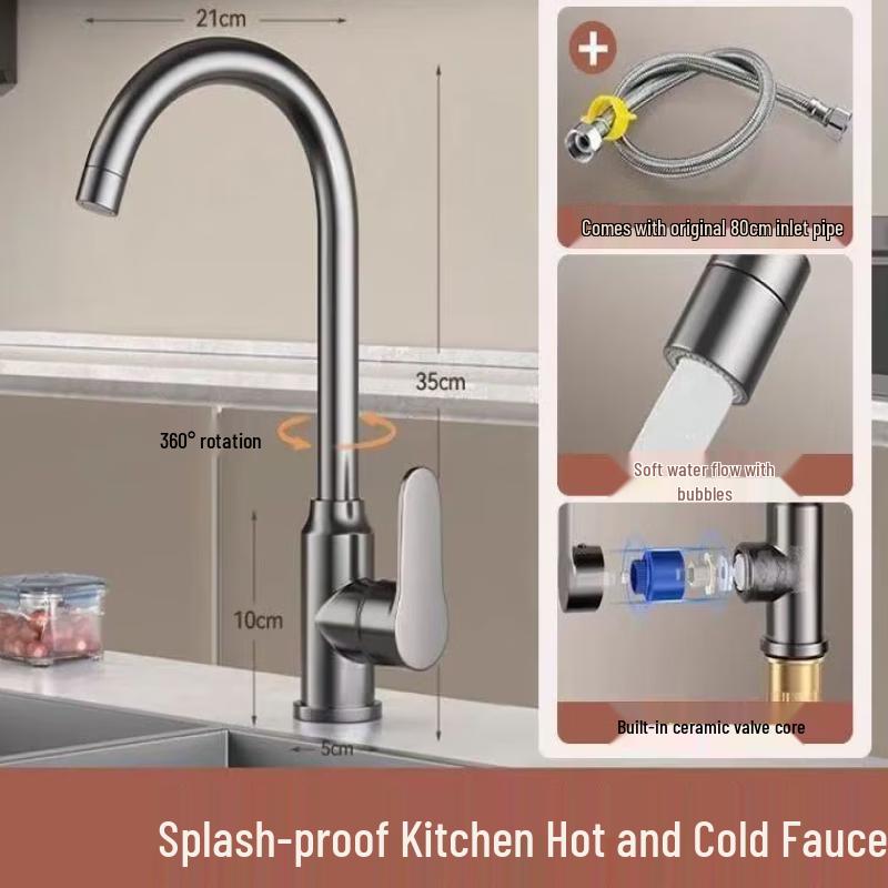 TLXT Stainless Steel Kitchen Faucet with Large Curved Spout, Gunmetal Gray