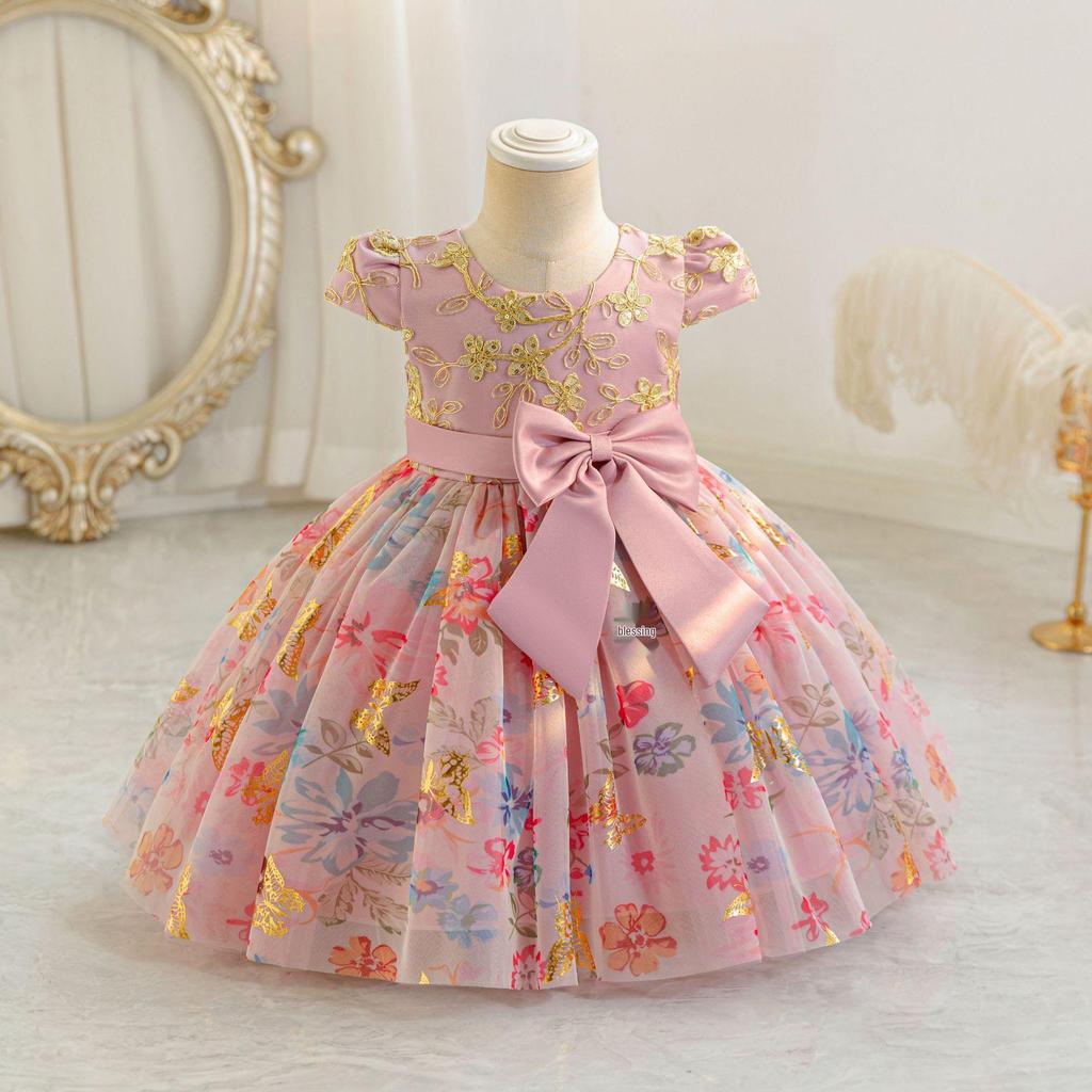 Girls' Puff Tulle Princess Dress with Bowknot for Birthdays & Events