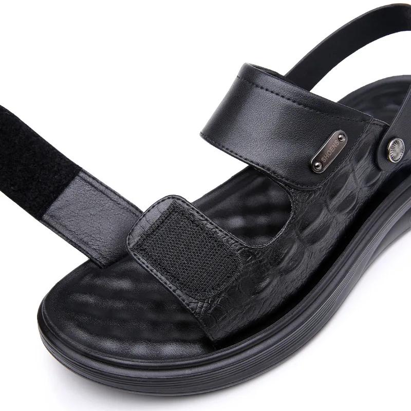 2024 Summer Genuine Leather Shoes Men Sandals Flat Non-slip Soft Holiday Mens Sandals Thick Sole Male Footwear Pure Black D074