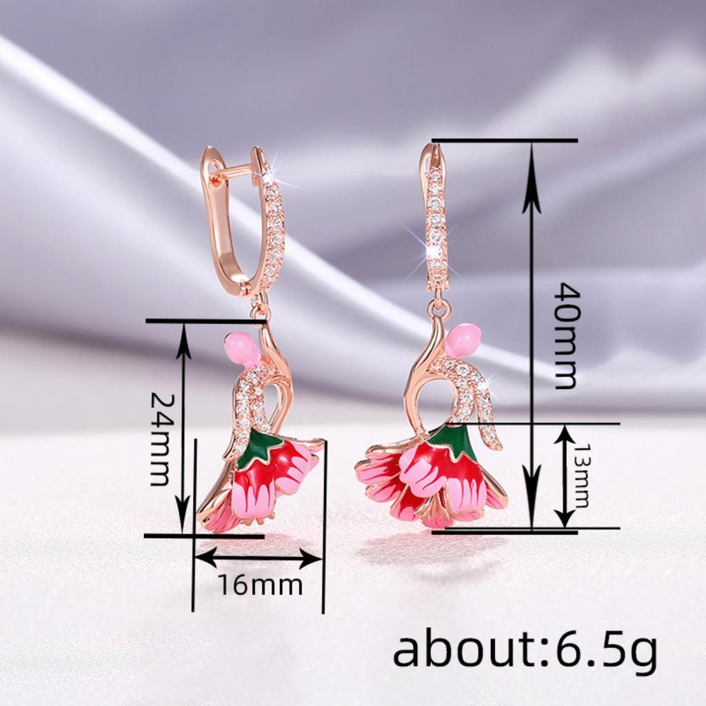 Rose Gold Tone Pink Enamel Flower Drop Earrings for Women Sparkly Accent Floral Dangle Earrings Elegant Nature Inspired Jewelry