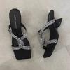 Fashion 2025 Summer New Open Toed Slippers for Women's Outerwear Square Head Water Diamond Cross Straight Strap Cool Dragging High Heels
