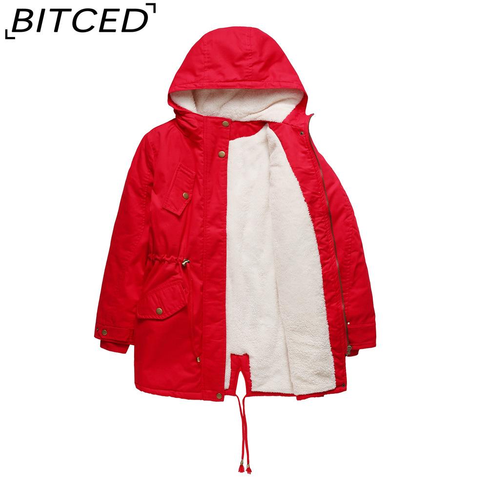 BITCED Autumn/Winter Women's Cotton Coat Solid-Colour Hooded Parka Thick Cotton Coat with Fleece Lining