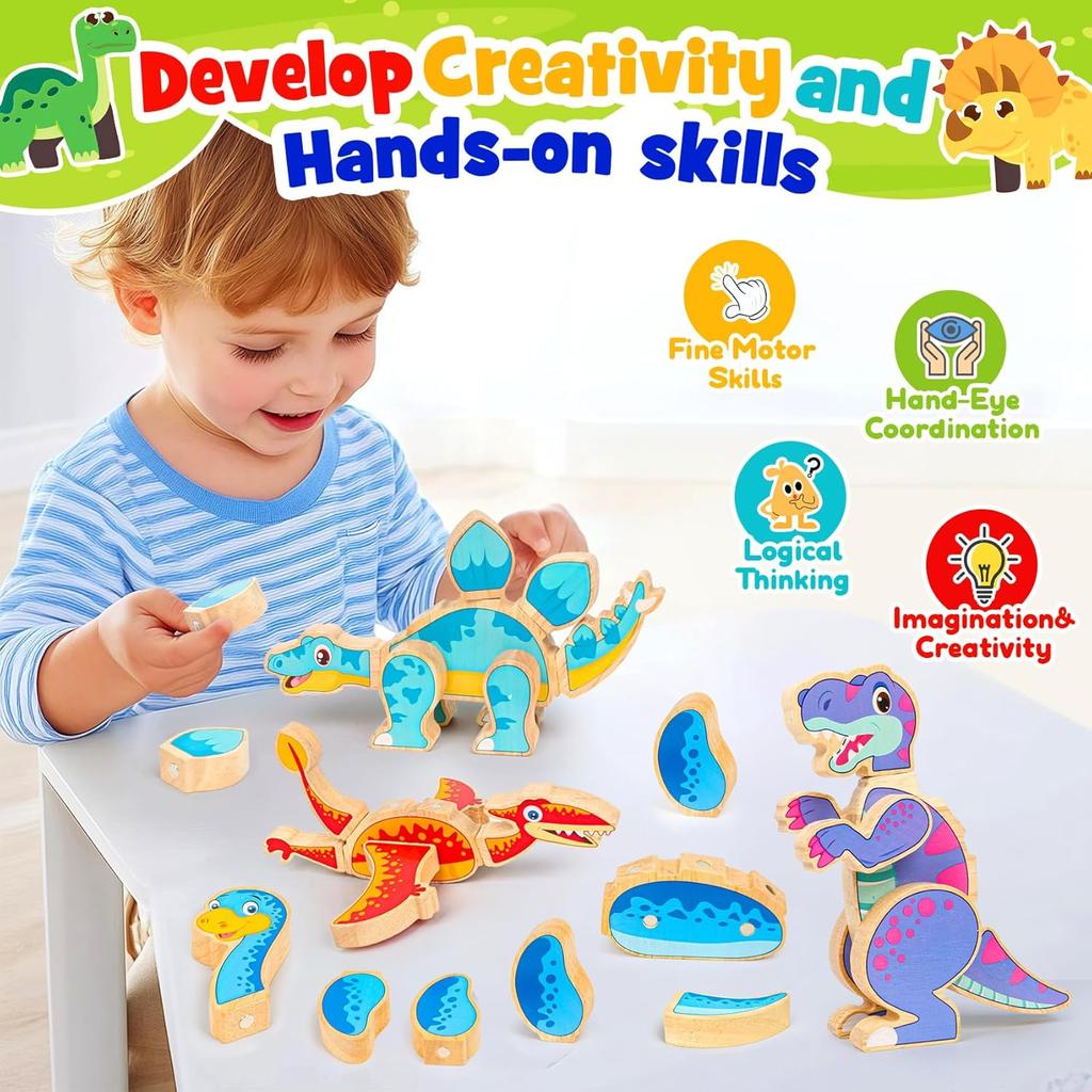 Dinosaur Toys for Kids 3-5,Wooden Magnetic Dino Take Apart Building Blocks Toys for Fine Motor Skills & Creative Play,Easter Basket Stuffers for