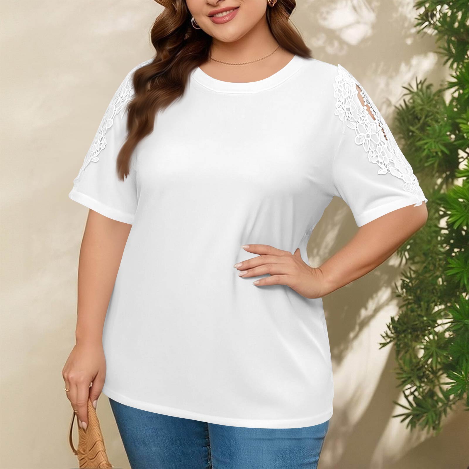 

Plus Size Women s Fashion Casual Loose Elegant Off-shoulder Hollow-out Short-sleeve T-shirt Top XL білий