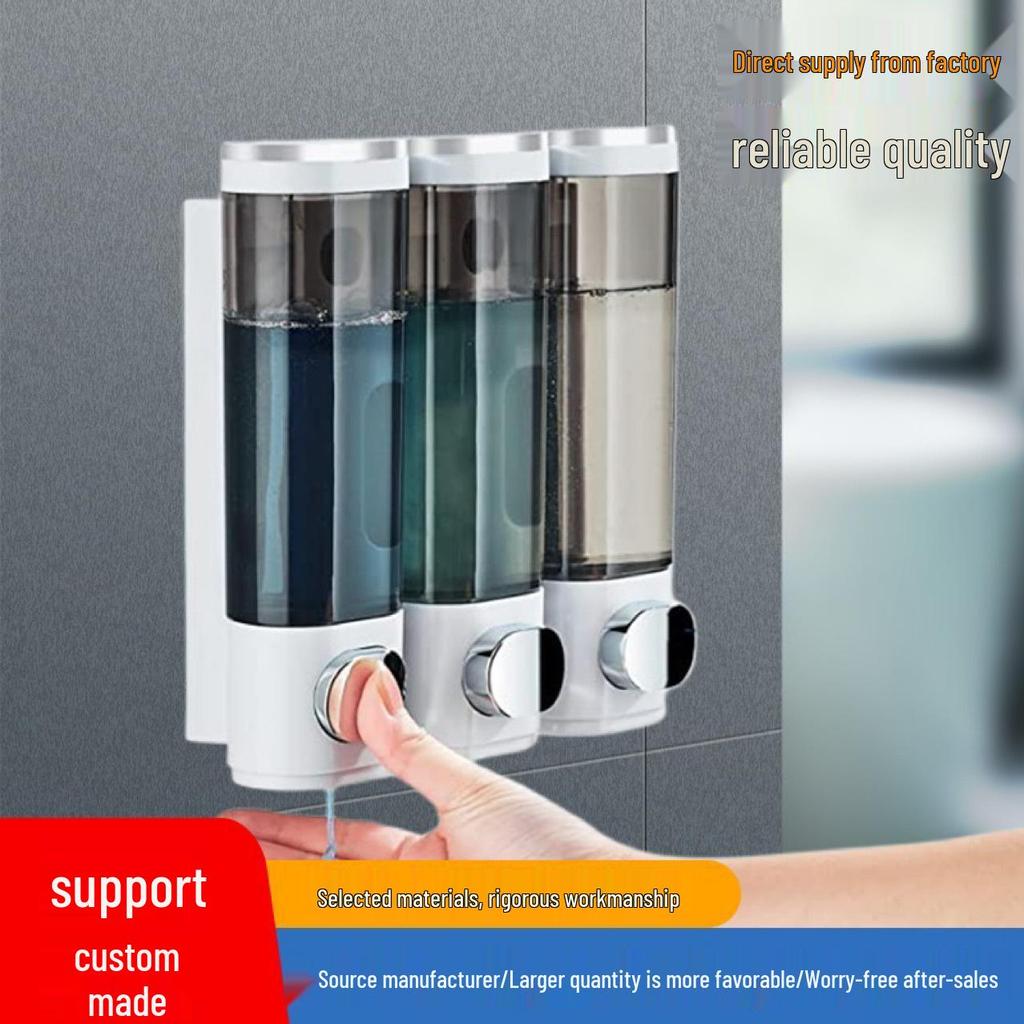 Wandmontierter Drei-Kopf-Seifenspender für Duschgel und Handdesinfektionsmittel, stanzfreies manuelles Druckdesign für den Heim- und Hotelgebrauch.