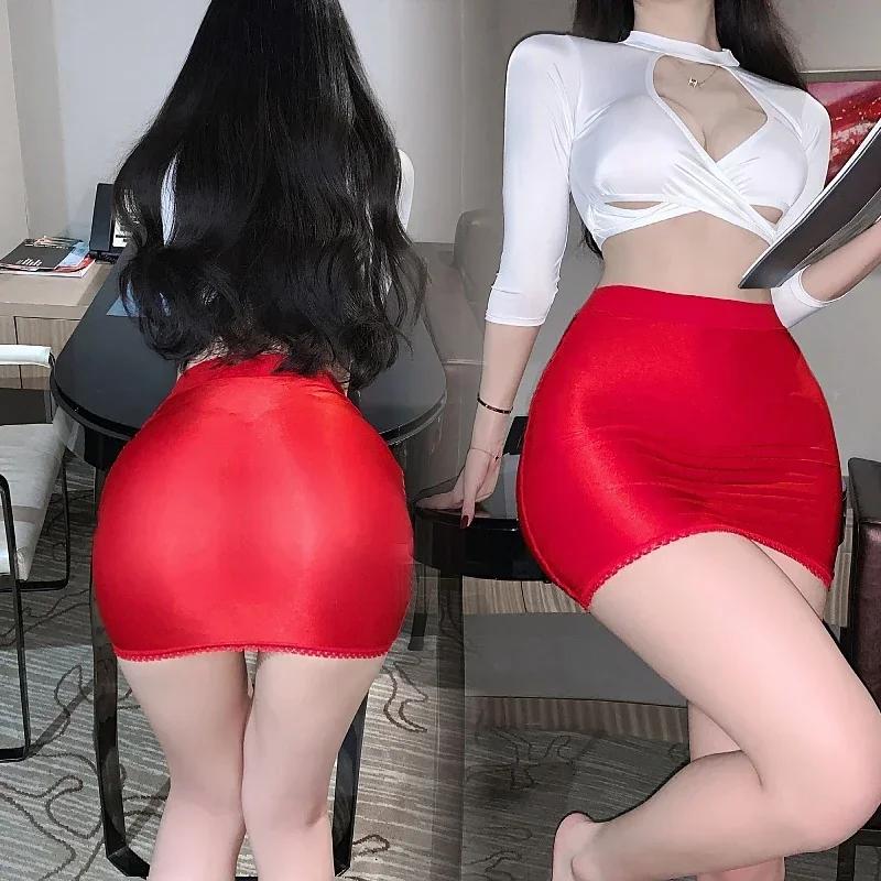 Elastic Shiny See Through Short Mini Skirts Sexy Package High Wiast Tight Black White Wrap Hips Pencil Skirt For Woman Plus Size