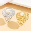 European & American Stainless Steel Retro Flower Pearl Ring - Women's Geometric Pleated Design
