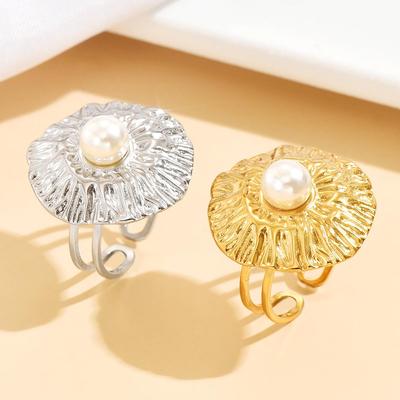 Europäischer & Amerikanischer Edelstahl Retro Blumen Perlenring - Geometrisches Plissee Design für Damen