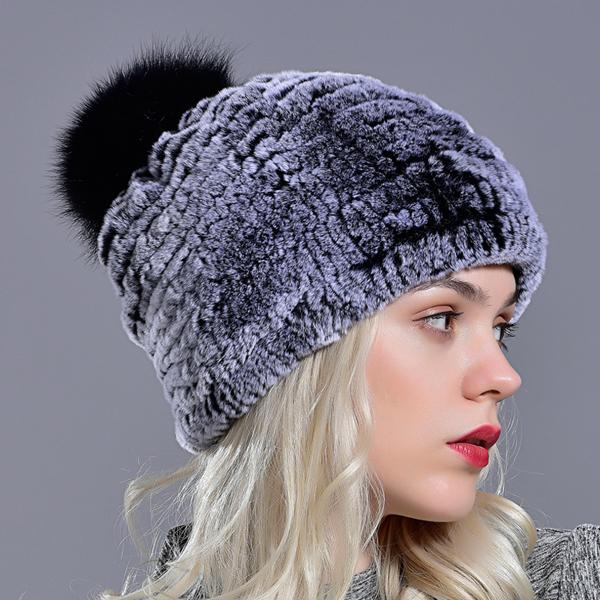 Rabbit Fur Pompom Hat Women's Beanies Winter Natural Fur Warm Knitted Caps for Girls Female Fashionable Elastic Ladies Hats
