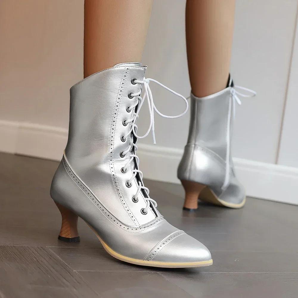 Krótkie damskie buty na wysokim obcasie w stylu brytyjskim, szlachetne botki rycerskie ze szpiczastym noskiem, sznurowane na krzyż, botki do kostki, średniowieczne buty retro