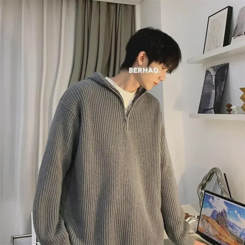 Men's Gray Cleanfit Half-Zip Hooded Sweater - Casual, Cool American Style Knitted Jacket