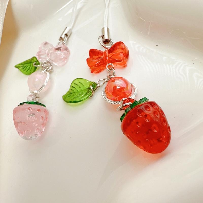 Stylish Acrylic Strawberry Green Leaf Phone Strap Mobile Hanging Decoration Charm for Decorative Fashion Use