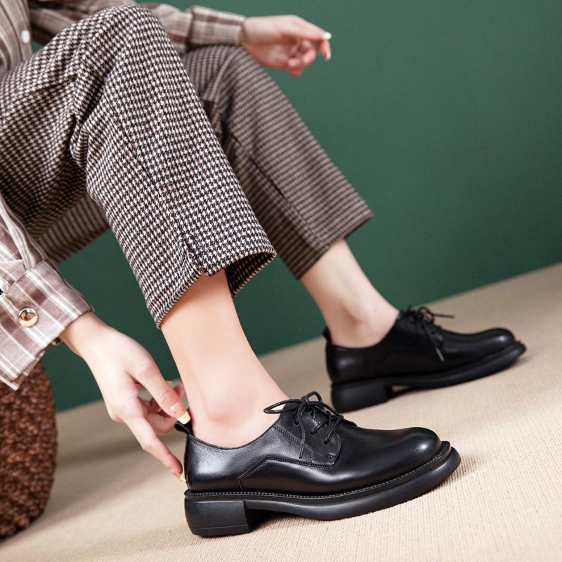 First layer cowhide loafers women's spring and autumn new casual retro lace-up British style work small leather shoes women's single shoes