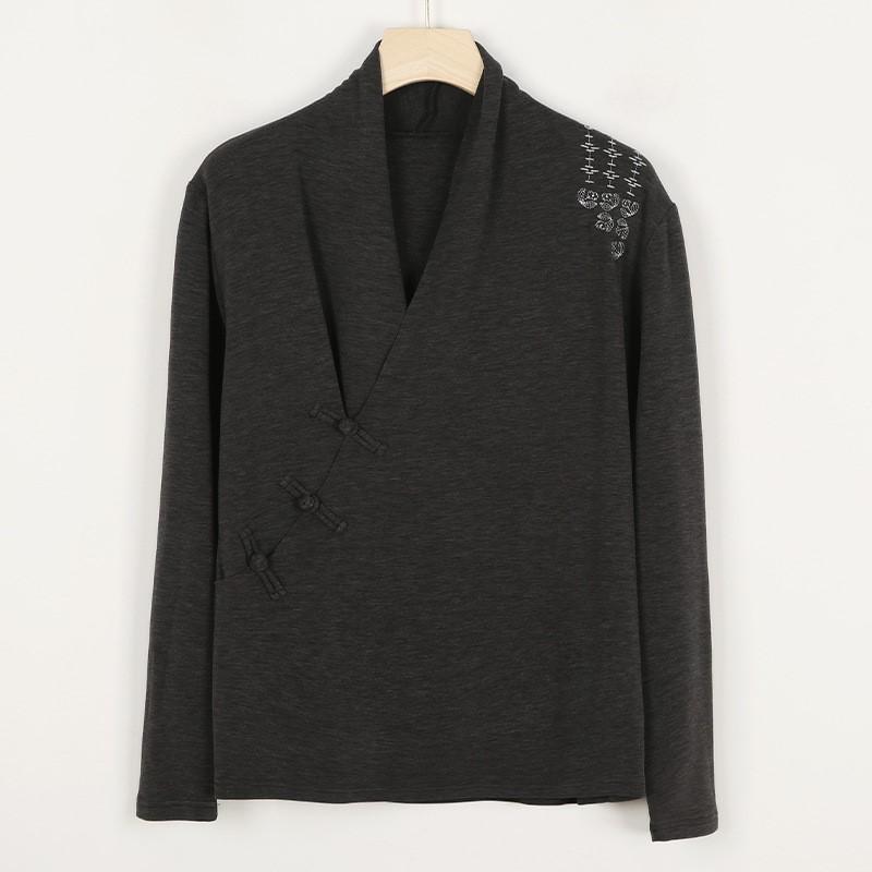 Johnature Damen Chinesischer Stil Strickshirts Tops V-Ausschnitt Langarm Stickerei Floral Herbst Weich Knopfblusen