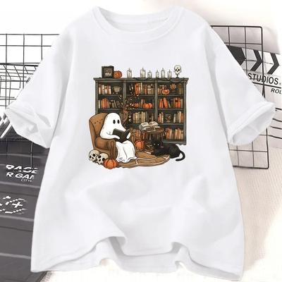 Retro Ghost Reading Librarian Tshirt Halloween Teacher Tshirt Womens Boo School Tshirt Street Fashion Womens Clothing Y2K