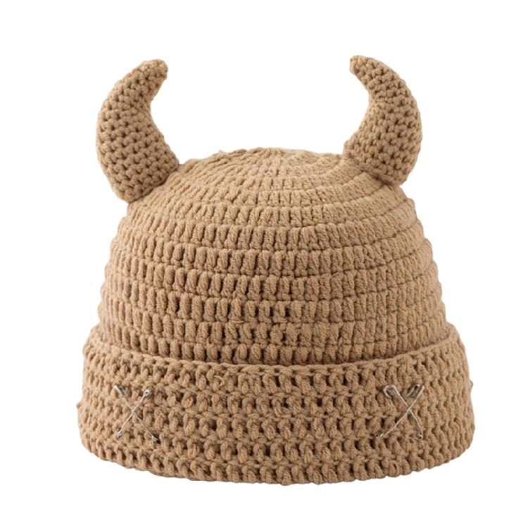 Crochet Horn Cap for Fall Winter Outfits, Brimless Devil Hat with Front Pin Accent for Party Photo Outfit Looks