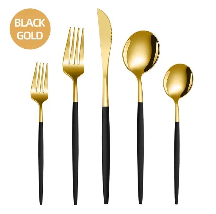 5/24Pcs Black Handle Golden Cutlery Set Stainless Steel Steak Knife Fork Spoon Tableware Dessert Spoon Festival Kitchen Cutlery