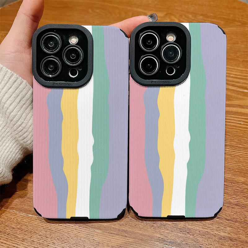 Vertical Leather Shell Rainbow Printed Patterned Shockproof Soft Silicone Case with Camera Lens Full Protection for iPhone Samsung