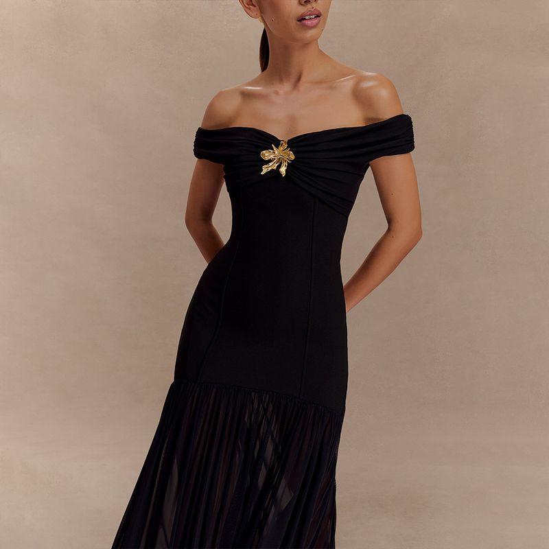 

Western Style Ins New Fashion Elegant Tube Top Mesh Patchwork Long dress Sexy Backless Pleat Slim dress Black L