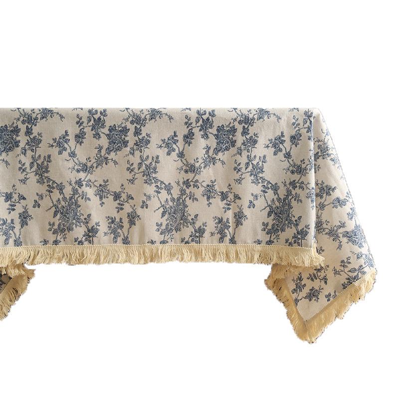 Light Luxury Ins Wind Small Fresh Cotton And Linen Blue Small Floral Tablecloth Rectangular Dining Table Cloth Picnic Cloth Tablecloth