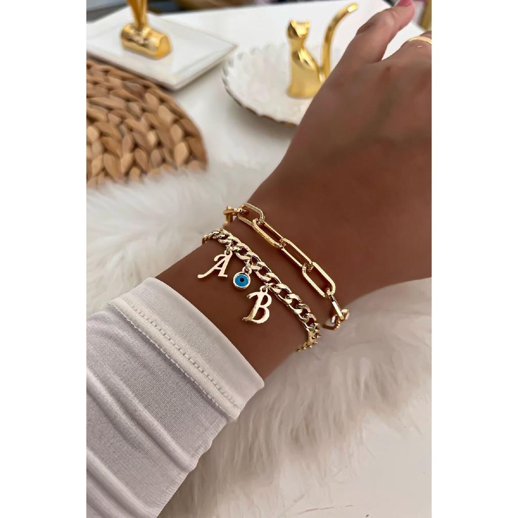 Kettenarmband-Kombination mit goldfarbenen Buchstaben und wählbarem Evil Eye-Detail 17