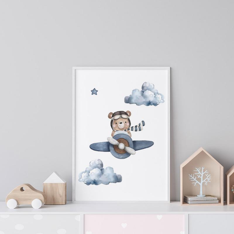 Boho Bear Aircraft Hot Air Balloon Cloud Nursery Posters Wall Art Print Canvas Painting Baby Kids Room Home Decoration Picture