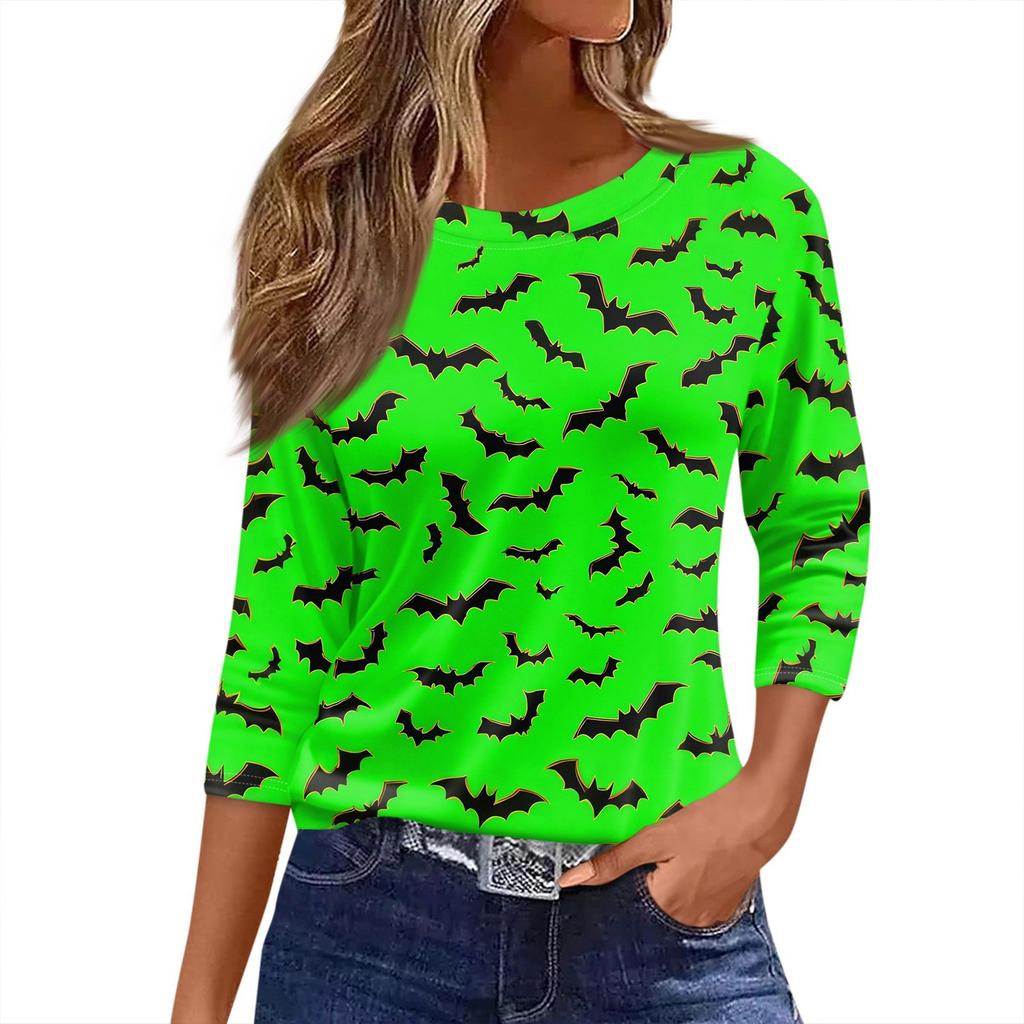 Damski T-shirt z nadrukiem na Halloween, rękaw 3/4, codzienny, modny, podstawowy, z okrągłym dekoltem, regularny top