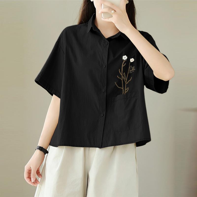 ZANZEA Women Casual Turn Down Collar Embroidery Loose Short Sleeve Blouse S